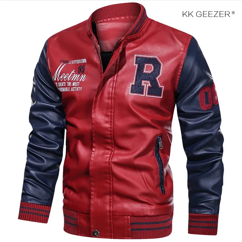 Mens Biker Jacket - Leather Flight Bomber Jacket, Black Slim Fit Varsity College Style PU Motorcycle Coat_voghion.com