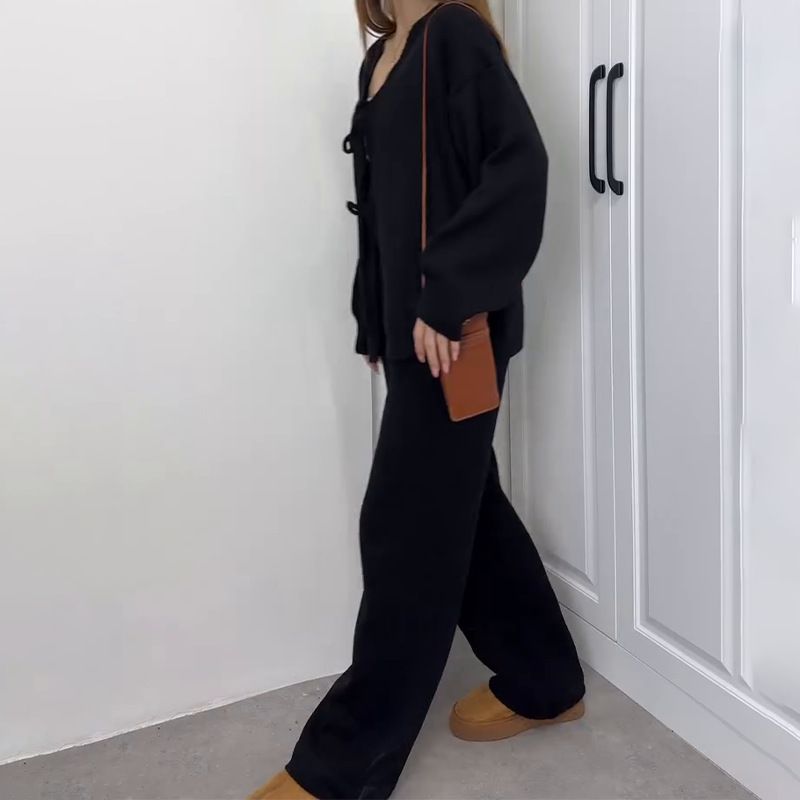 Lässiges, elegantes Outfit-Set für Damen – Strickjacke mit V-Ausschnitt und hoch taillierte Hose mit weitem Bein (7 Farben, Übergrößen geeignet)_voghion.com