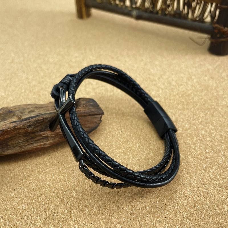 Mehrlagiges handgefertigtes gewebtes Lederband, klassisches Anka-Kreuz-Lederarmband_voghion.com
