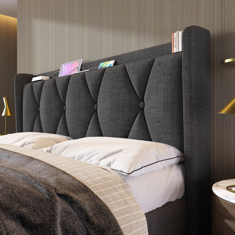 Cadre de lit double avec rangement 140 x 200 cm, avec port USB, tête de lit capitonnée et 4 tiroirs, sommier à lattes en bois gris (avec matelas)_voghion.com