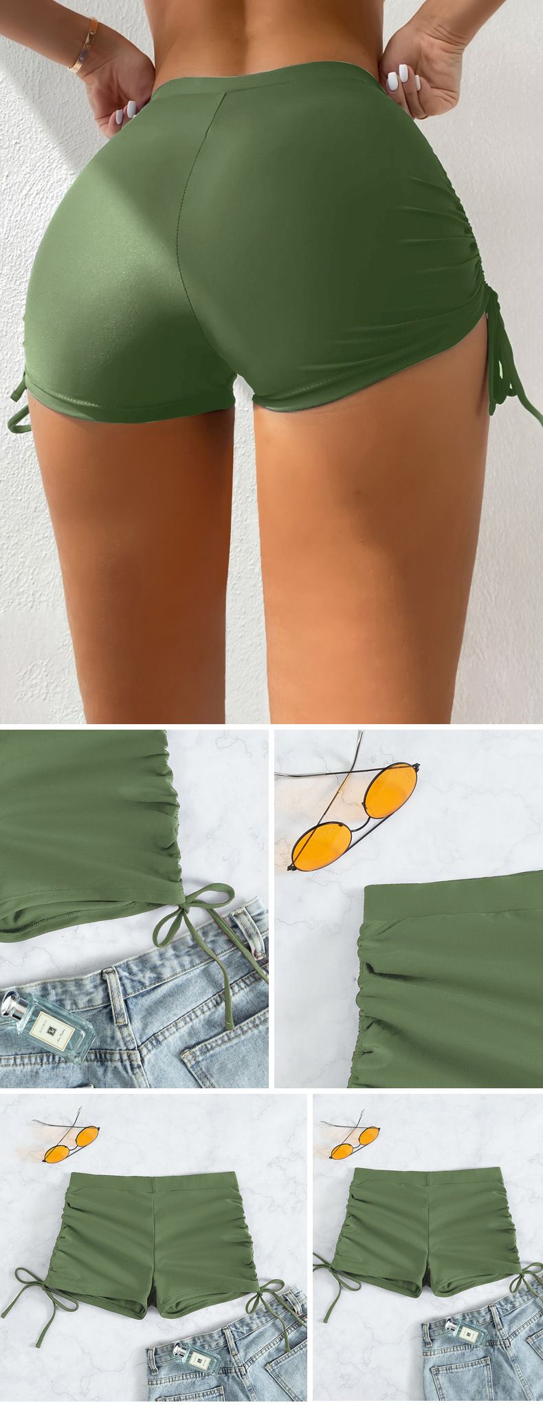 Boxer a pieghe a vita alta aderenti elasticizzati, nuovi pantaloncini da bagno da donna in tinta unita con coulisse sui fianchi, bottoni sui quattro angoli_voghion.com