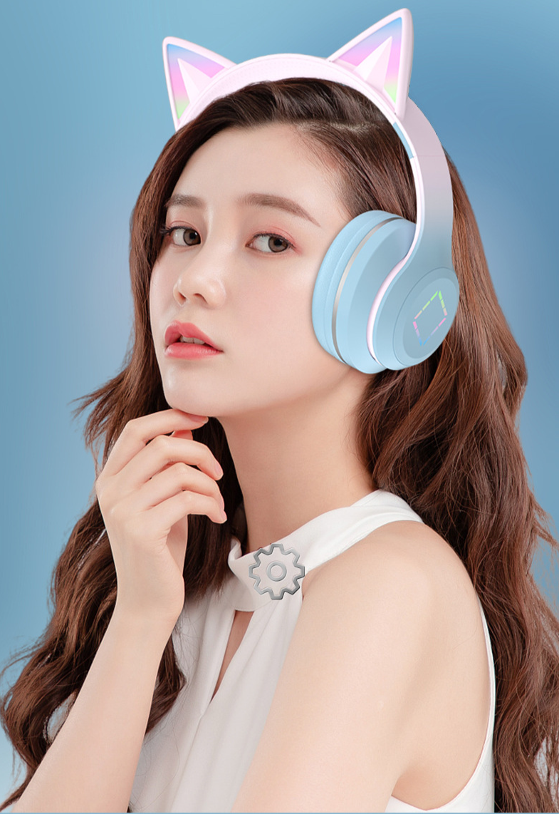 Cuffie wireless montate sulla testa con orecchie di gatto luminose, Bluetooth DR57, con batteria a lunga durata e colori sfumati_voghion.com
