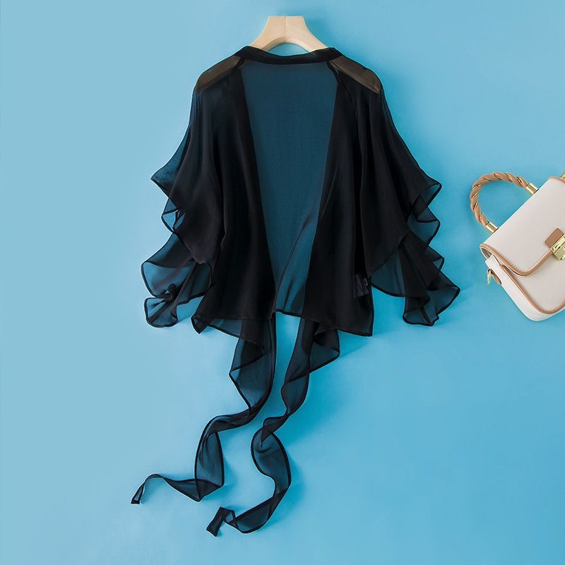 Koreanischer Stil: Neuer kurzer Mantel/Schal, Damen-Top/Cardigan, klein, zum Binden, Sommer, ärmellos, locker, aus echter Maulbeerseide_voghion.com