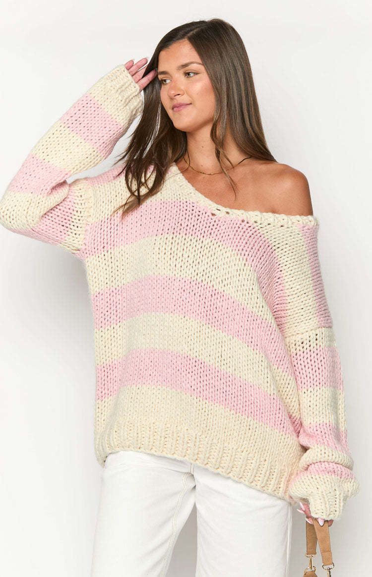 Oversized Dopamine Stripe Knit Sweater - Soft Fashion Drop Shoulder Top For Women, Sweet & Cozy Fall Winter Casual Wear_voghion.com