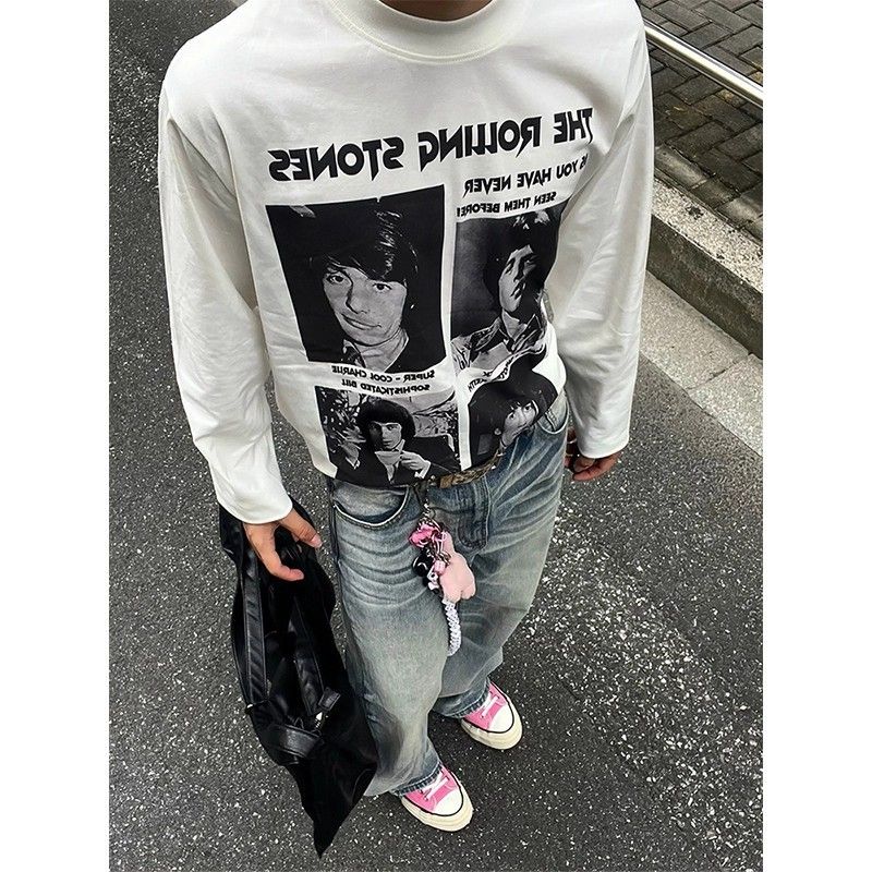 Erkekler İçin Cleanfit Retro Portre Bantlı Uzun Kollu Tişört, Sonbahar Lüks Yuvarlak Yakalı Kapüşonlu Üst_voghion.com