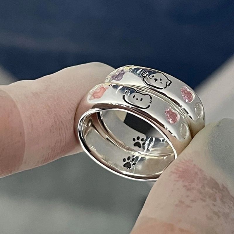 Novo anel feminino para filhotes e gatinhos, anel de dedo indicador aberto e versátil com pata de gato e zircônia em formato de coração micro pavimentado, presente para o melhor_voghion.com