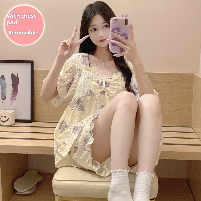 Cloud cotton pajamas women in summer, sweet ins style short sleeved shirt with chest cushion, detachable shorts, two_voghion.com
