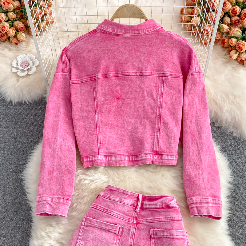 Ropa de mujer Conjunto de dos piezas formado por chaqueta y pantalón corto de mezclilla rosa y holgado para mujer_voghion.com