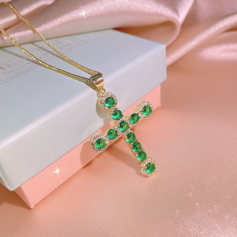 Collier croix en laiton et cristal, bijoux tendance populaires, micro pavé de zircons, pour femmes_voghion.com