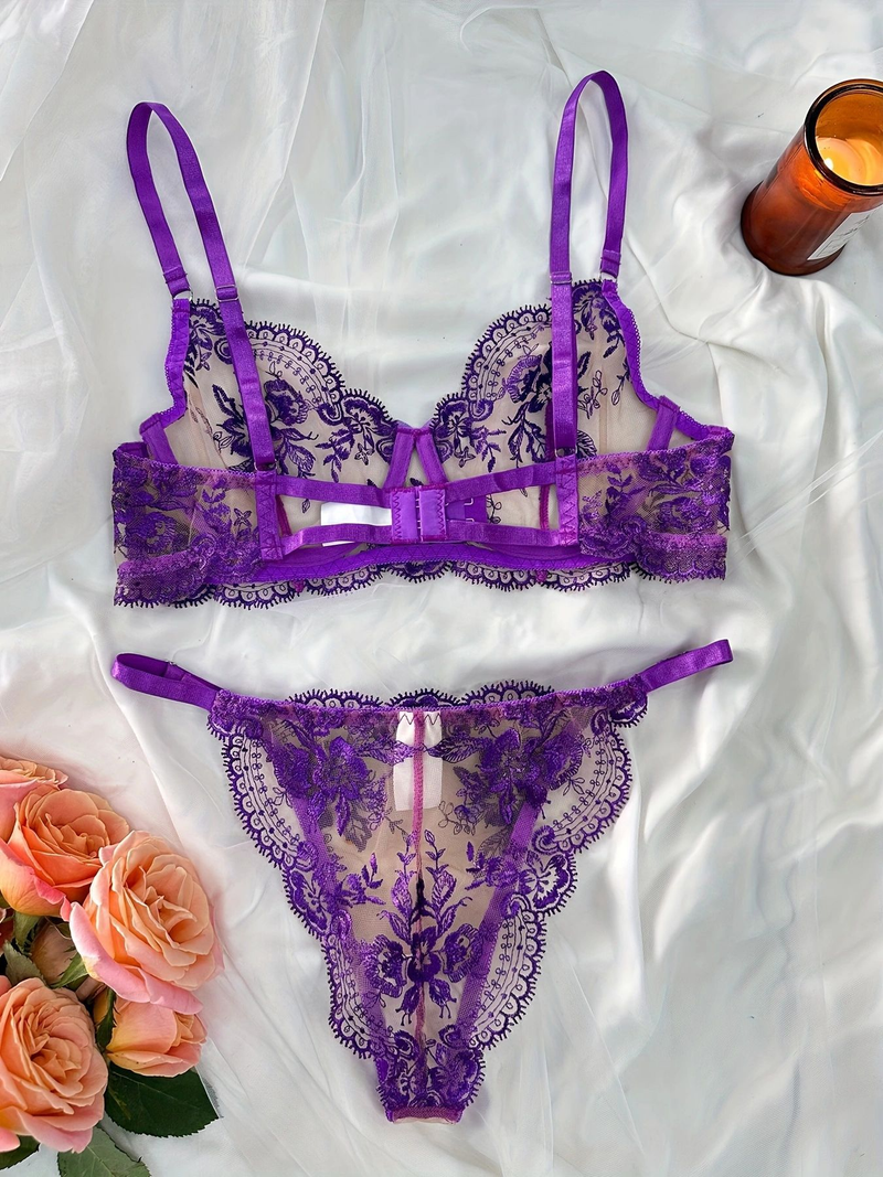 Damen Kleeder Blummen Broderie Perspektiv Mesh Sexy Komfortabel Einfach a generéis Ënnerwäsch Set_voghion.com