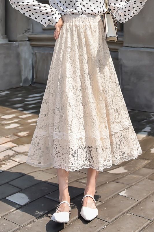 High waisted skirt, women's 2024 early autumn new mid to long style, hanging A-line lace skirt_voghion.com