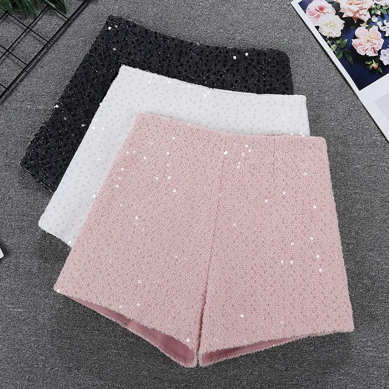 Dammekleedung héichwäerteg glänzend Lieder Shorts Héich Taille Wollen Casual A Line Hosen Baussebekleedung Bottom Stiwwelen Hosen_voghion.com