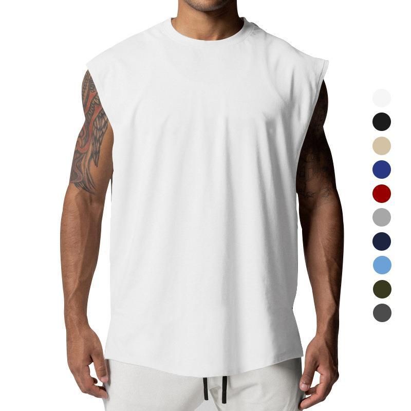 „Ärmelloses Herren-T-Shirt für den Sommer, Rundhalsausschnitt, lockere Passform, lässiges Oberteil für Fitnessstudio und Streetwear (Weiß, Schwarz, Marineblau, Armeegrün, Grau)“_voghion.com