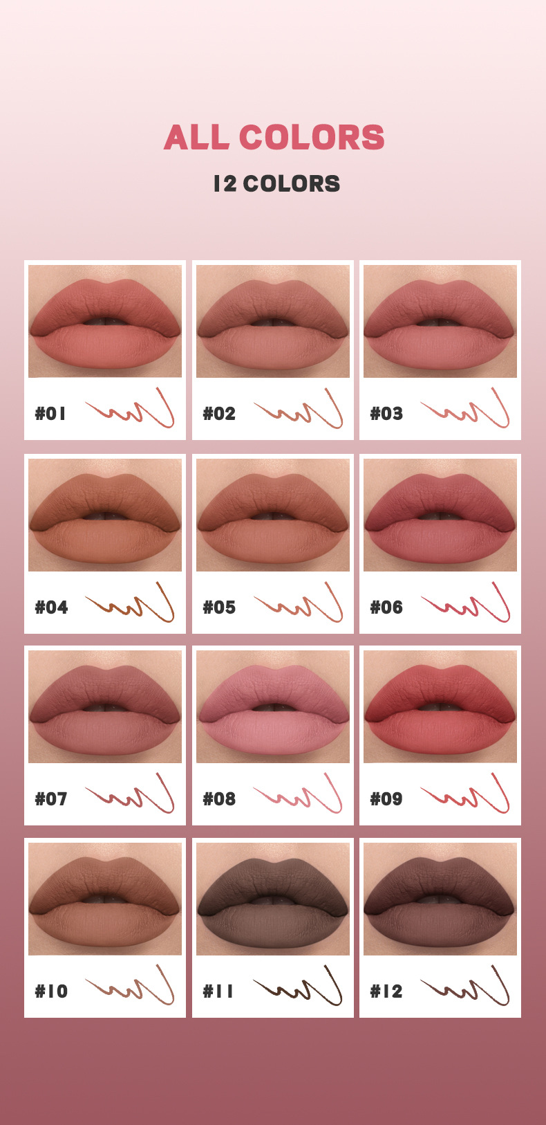 Pudaier 12-teiliges samtmattes Lipliner-Set – wasserfest, Antihaftbeschichtung, langanhaltend, für alle Hauttypen_voghion.com