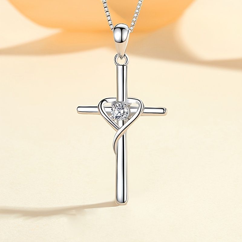 Collana con ciondolo a forma di croce a forma di cuore, in zircone, da donna, in acciaio inossidabile, con catena a scatola, in argento Sterling_voghion.com