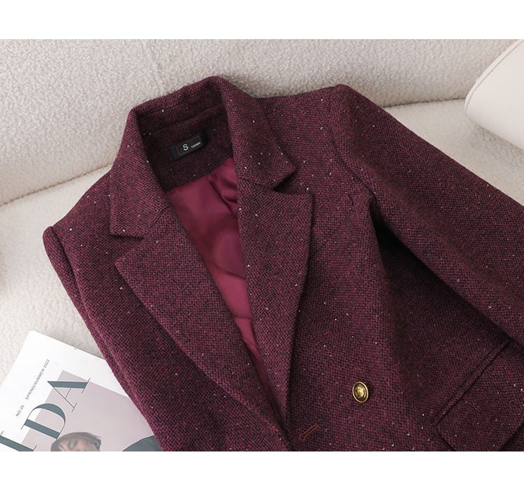 Blazer da donna in tweed misto lana per autunno inverno - Giacca da ufficio doppiopetto slim fit con revers a lancia (nero, marrone, rosso, grigio)_voghion.com