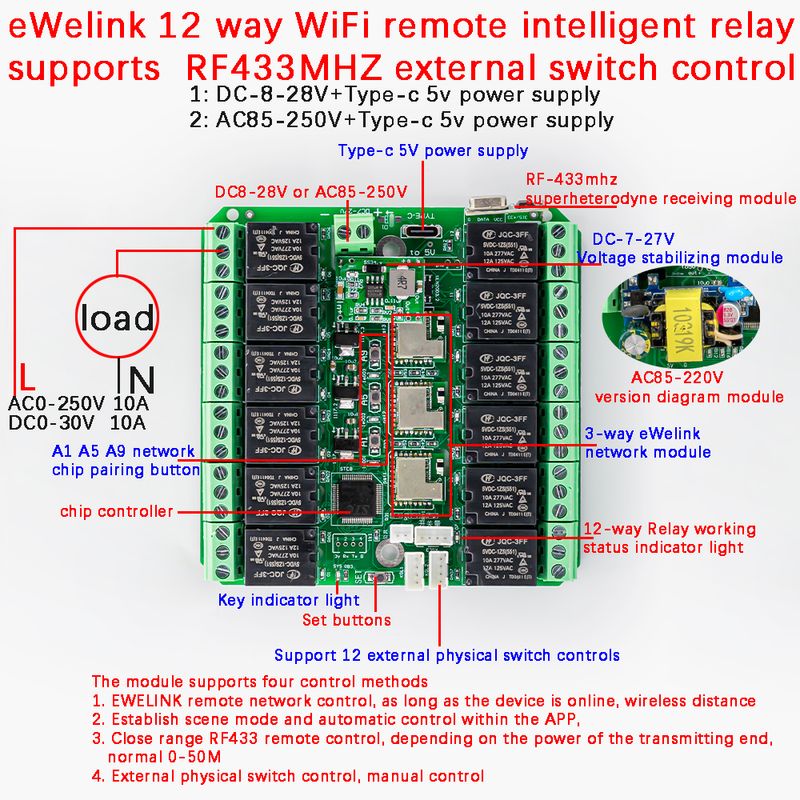 12 Channel WiFi Relay Module eWek APP Remote Control Self-lock DC 8V-28V AC 85V-250V Wireless Switch for Smart Home_voghion.com