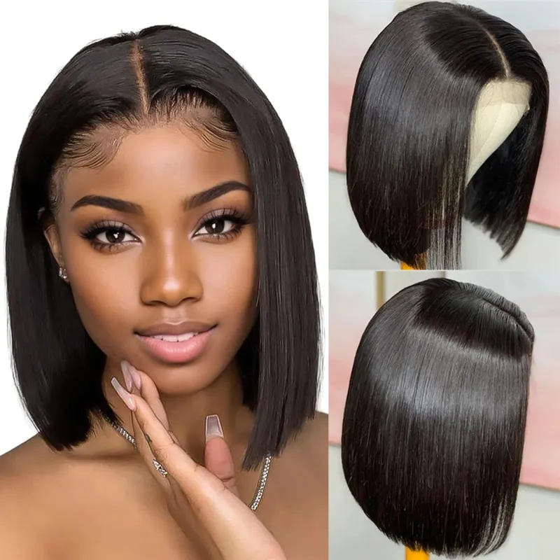 Kurze Bob-Ombre-Perücken aus Echthaar, blond, glatt, mit Spitzenfront_voghion.com
