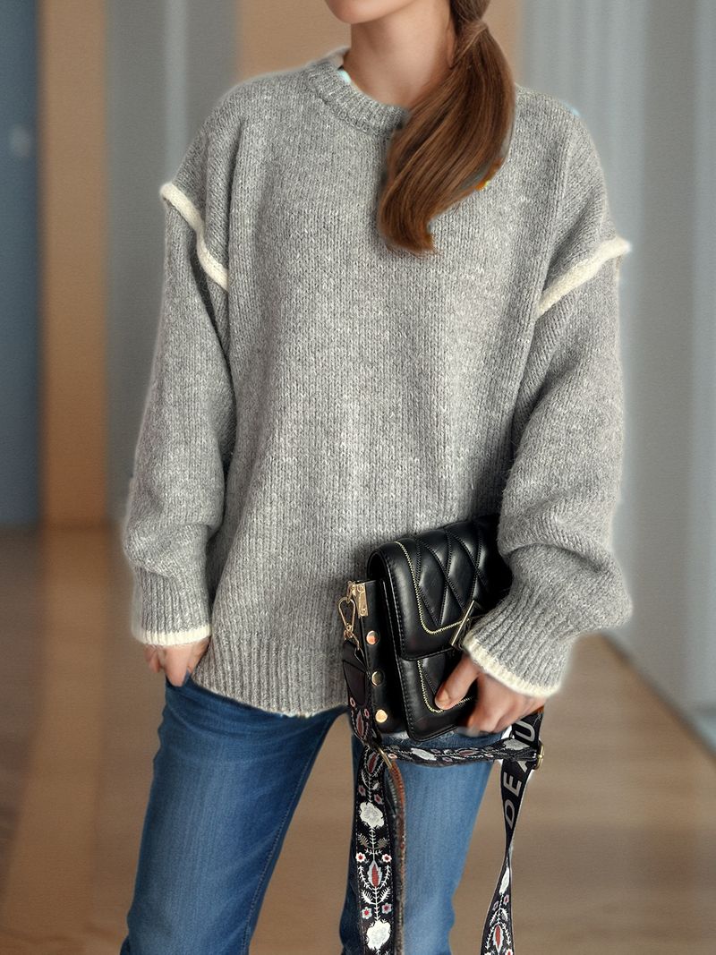 Pull en maille patchwork pour femme – Pull oversize à col rond et tissu épais et chaud (rose/gris/beige/kaki, S/M/L)_voghion.com