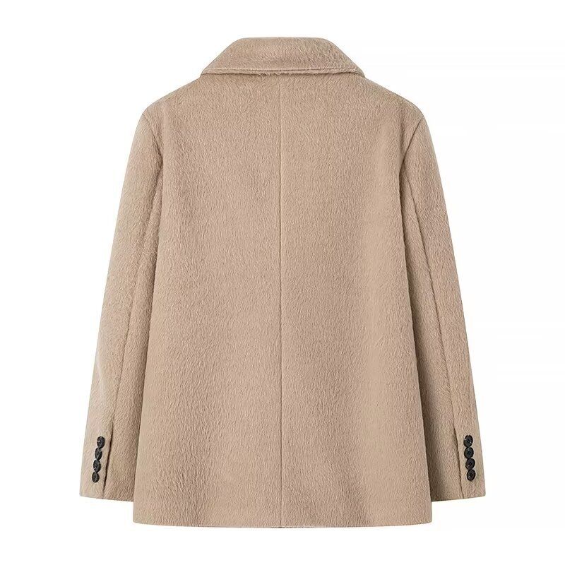 Elegant Women's Loose-Fit Faux Wool Coat With Lapel Collar – Single-Breasted Long Sleeve Trench Coat For Spring & Fall – Soft Fleece-Lined Outerwear_voghion.com