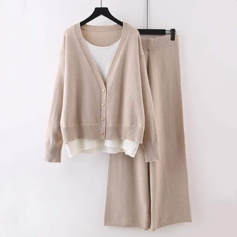 Vêtements pour femmes Costume de mode tempérament décontracté faux deux pièces tricoté cardigan haut pantalon large tricoté ensemble deux pièces pour les femmes_voghion.com