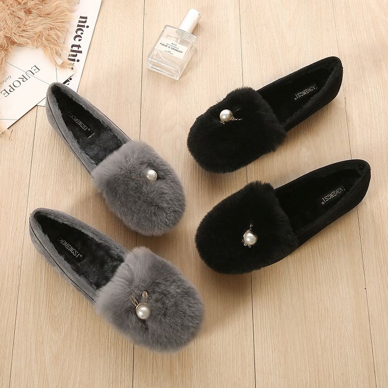 T26 Huidong Yixin Da Rabbit Fur Loafer For Women, Round Toe, Fleece-Lined, Warm, Maternity Shoe, Soft Sole, Furry_voghion.com