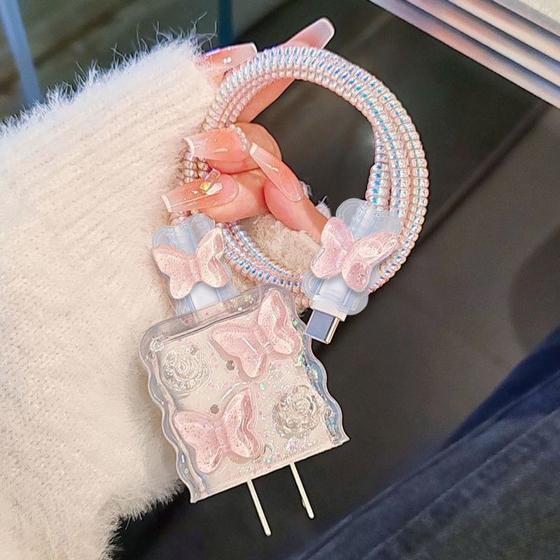 Drip glue pink butterfly suitable for data cable case, mobile fast charging 20W charger protective case_voghion.com