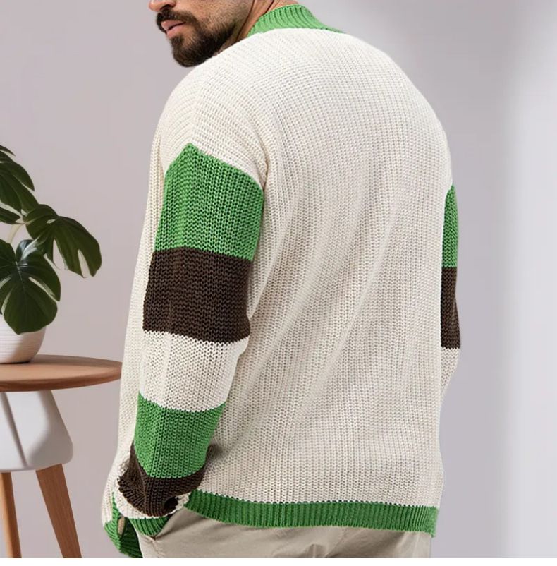 Cardigan tricoté pour homme - Pull oversize à blocs de couleurs, col en V en maille torsadée épaisse, manteau ouvert sur le devant pour un style streetwear décontracté._voghion.com