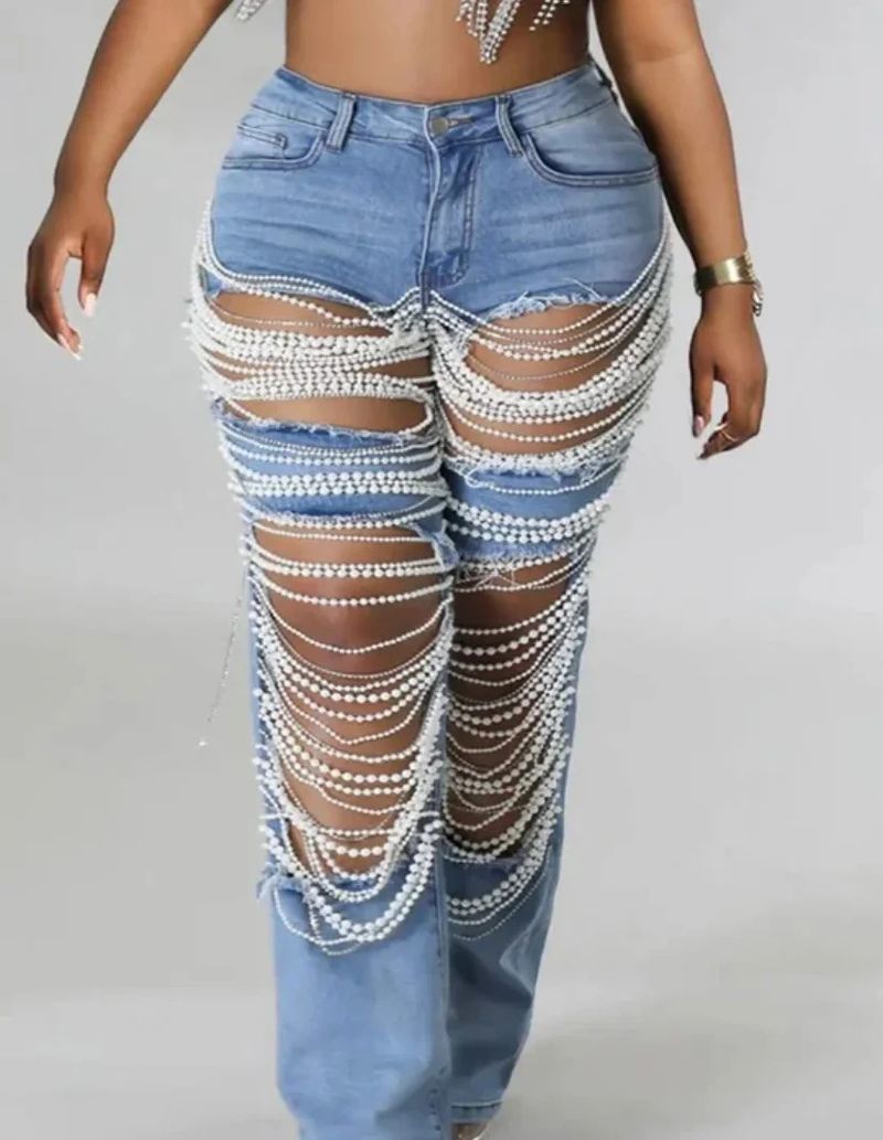 Women's Clothing Hot Girl Summer Pants Holes Heavy Beaded Beaded Stretch Jeans Trousers Women Jeans_voghion.com