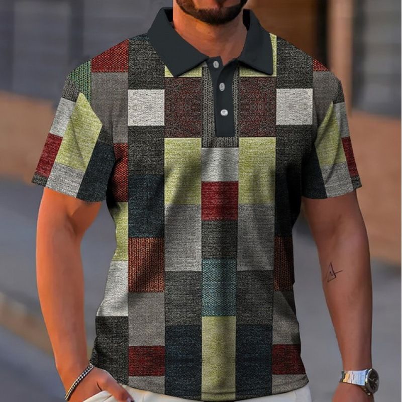 Men's Button-down Polo Shirt Plaid Pattern Turn-down Collar Trendy 3D Digital Print Short Sleeve Loose Casual Simple_voghion.com