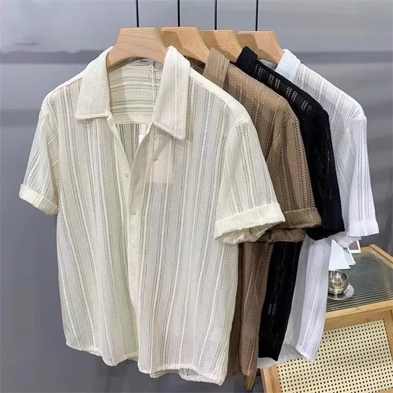 Herrenbekleidung Neues High-End-Hemd mit hohlem Revers und kurzen Ärmeln für Herren Sommer Dünnes, lockeres Hemd für Herren_voghion.com