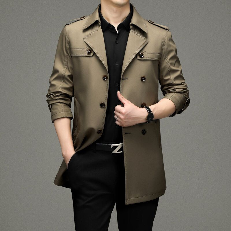 2025 Trench Coat With Turn-Down Collar, Mid-Length, Dad Style, Business Casual, Spring Summer, Middle-Aged Men's Jacket,_voghion.com