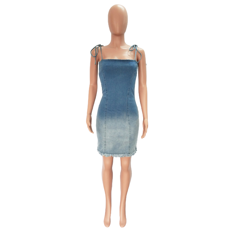 Abito in denim sottile, medio lungo, alla moda, da donna, con borsa allacciata alla caviglia, con bordo grezzo_voghion.com