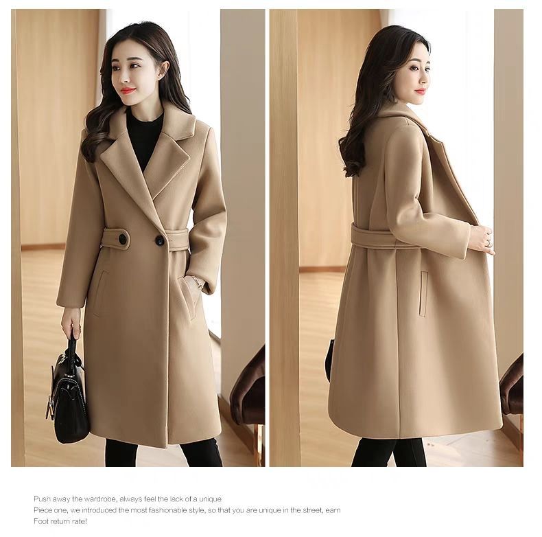 Damen Slim-Fit Wollmantel - Zweireihiger Trenchcoat mit Revers - Elegante mittellange Oberbekleidung (Rot/Khaki/Camel/Schwarz/Pink/Mauve)_voghion.com