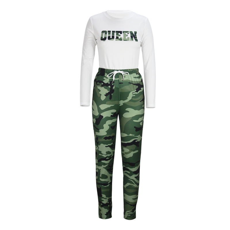 Ensemble imprimé à carreaux kaki à la mode, ensemble deux pièces long camouflage NOPE_voghion.com