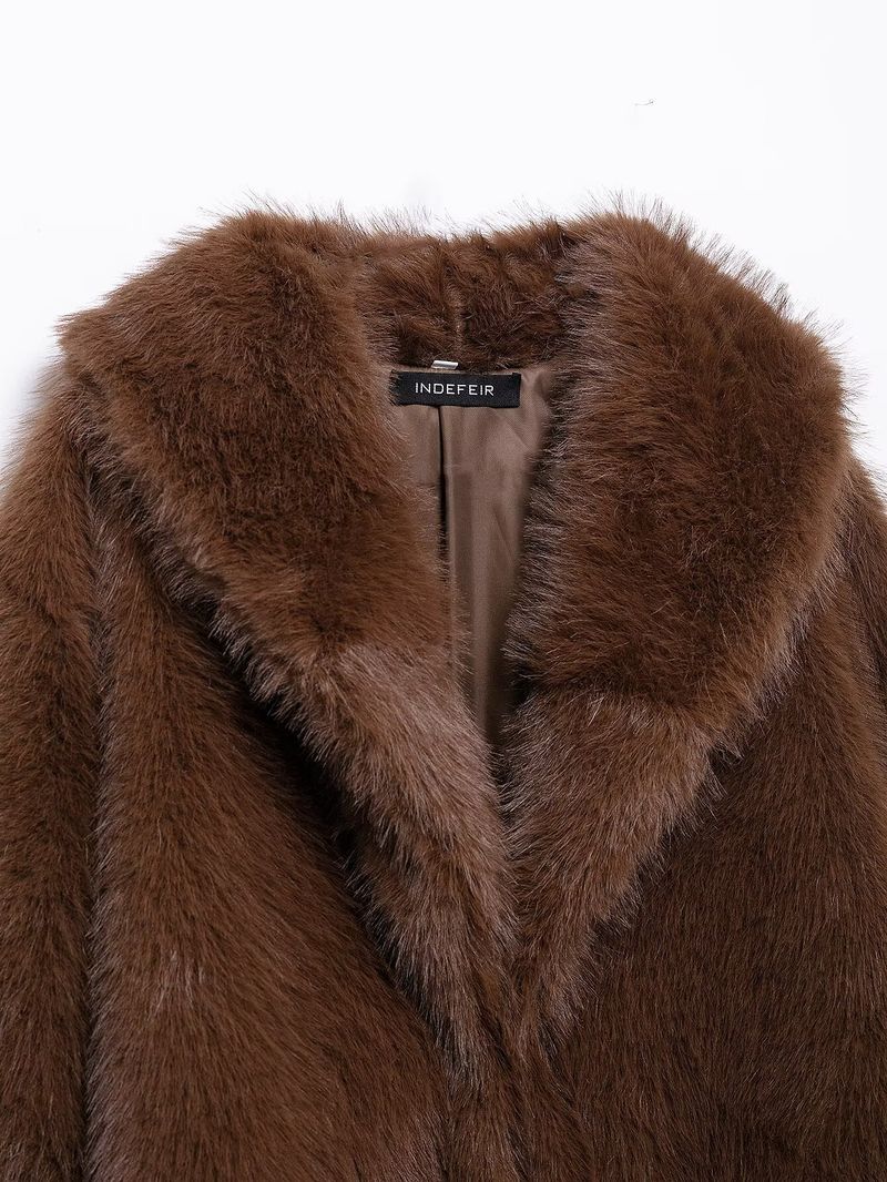 Cappotto in pelliccia sintetica da donna, stile primaverile, oversize, stile streetwear, con tasche, colletto con revers, capospalla in poliestere per outfit casual (marrone, XS/S/M/L)_voghion.com
