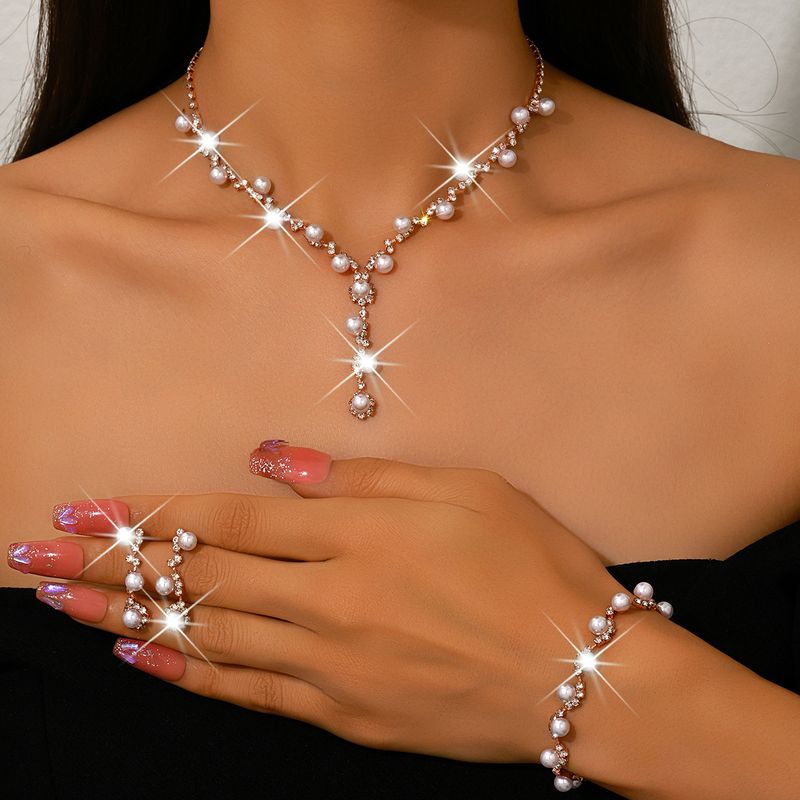 Sunflower Bridal Jewelry Set - Rhinestone & Pearl Necklace, Earrings, Bracelet For Wedding_voghion.com
