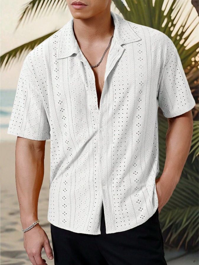 Spring And Summer Men's Short Sleeved Versatile Hollow Jacquard Casual Shirt_voghion.com
