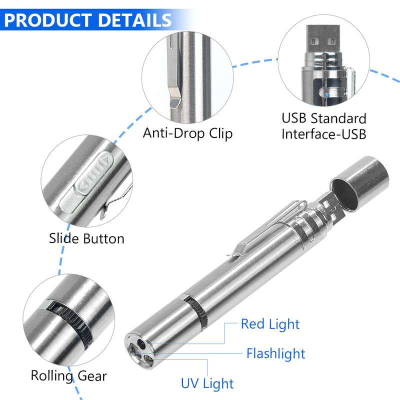 1mW USB Rechargeable 3 In 1 Laser Pointer Cat Dog Toy Red Laser Pointer Pen + UV Light + White Flashlight Stainless Steel_voghion.com