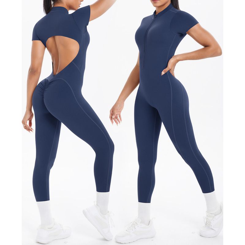 Combinaison de sport rembourrée à manches courtes et col ouvert, avec fermeture éclair et dos nu, idéale pour le yoga et le fitness_voghion.com