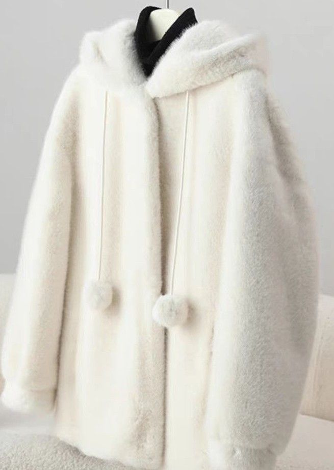 Cappotto con cappuccio in finta pelliccia di visone da donna – Giacca lunga invernale da strega per donna (avorio/rosa/nero, taglia unica)_voghion.com