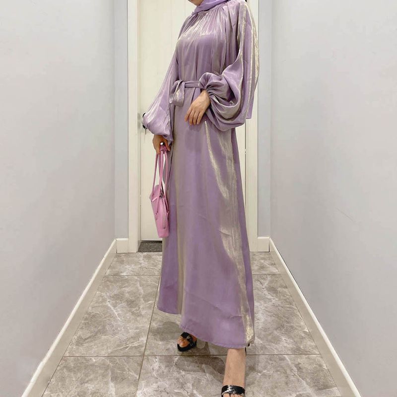 Vêtements pour femmes, manches lanternes, jupe longue en soie brillante, col montant, cravate dans le dos, robe féminine_voghion.com