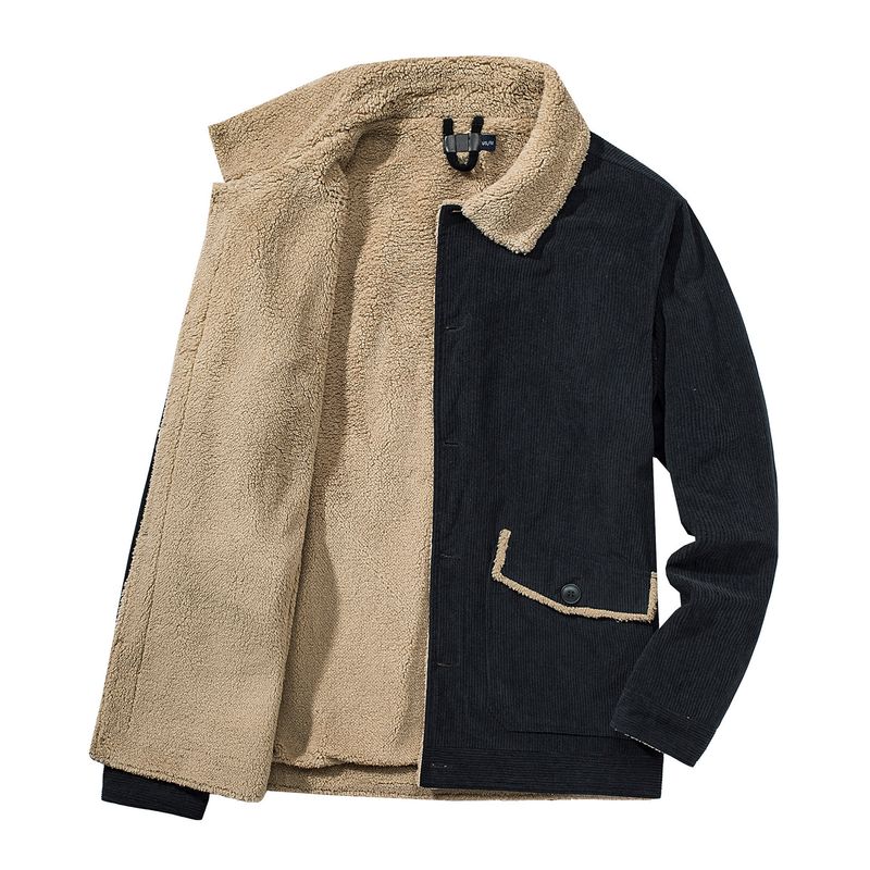 Geeignet für alle Jahreszeiten: Dicke, mit Fleece gefütterte Cordjacke mit Revers und Lammwollmantel in Übergröße für Herren_voghion.com