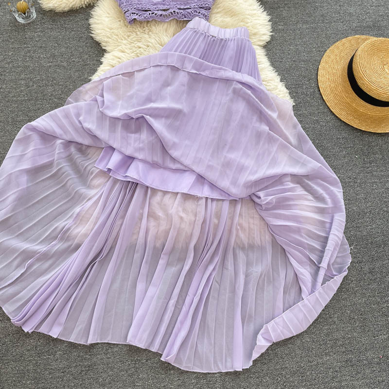 Haut en dentelle pour femmes, taille 1, jupe plissée en mousseline de soie, costume deux pièces_voghion.com