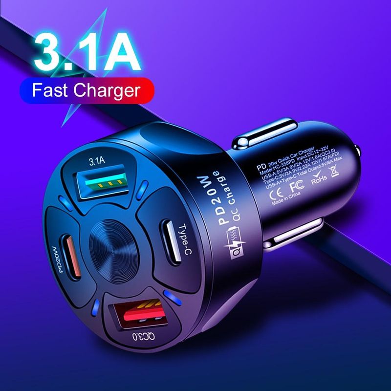 Apvalus dvigubas USB C tipo automobilinis įkroviklis greitam įkrovimui, USB C tipo greitasis įkroviklis PD QC3.0, skirtas „iPhone“, „Samsung“, „Xiaomi“ automobilinio telefono įkroviklio adapteriui HMM_voghion.com
