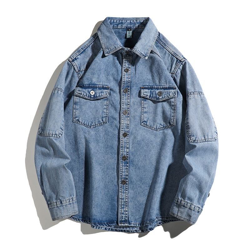 Spring Autumn Washed Workwear Denim Shirt Jacket For Men, American Style Trendy Brand Loose And Casual Design, Lapel Top_voghion.com