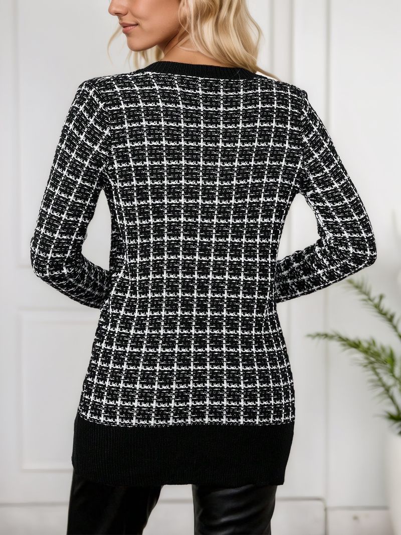 Grobstrick-Cardigan für Damen – Oversize-Langarm-Coatigan mit Knopfleiste und klassischem Karomuster (XS-XL, Schwarz-Weiß, Retro & Elegant)_voghion.com
