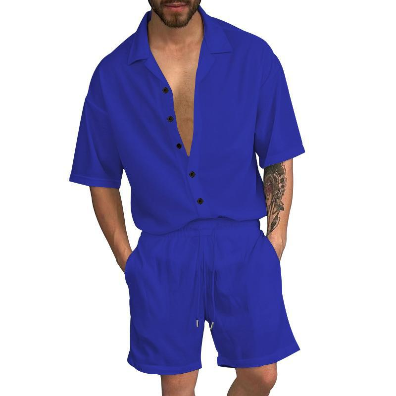 Sommeranzug, lässiges Revers, einfarbiges Hemd, Strickjacke mit Knöpfen, Kurzarm-Shorts-Set, Herren_voghion.com