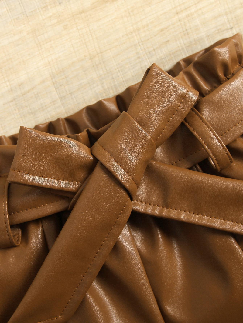 Baby Clothing Furry halter top Solid color open-pocket leather pantsuit with belt_voghion.com