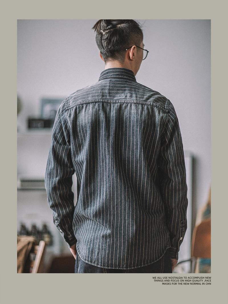 Camicia da lavoro in denim a righe verticali retrò da uomo, lavata, effetto consumato, a maniche lunghe_voghion.com